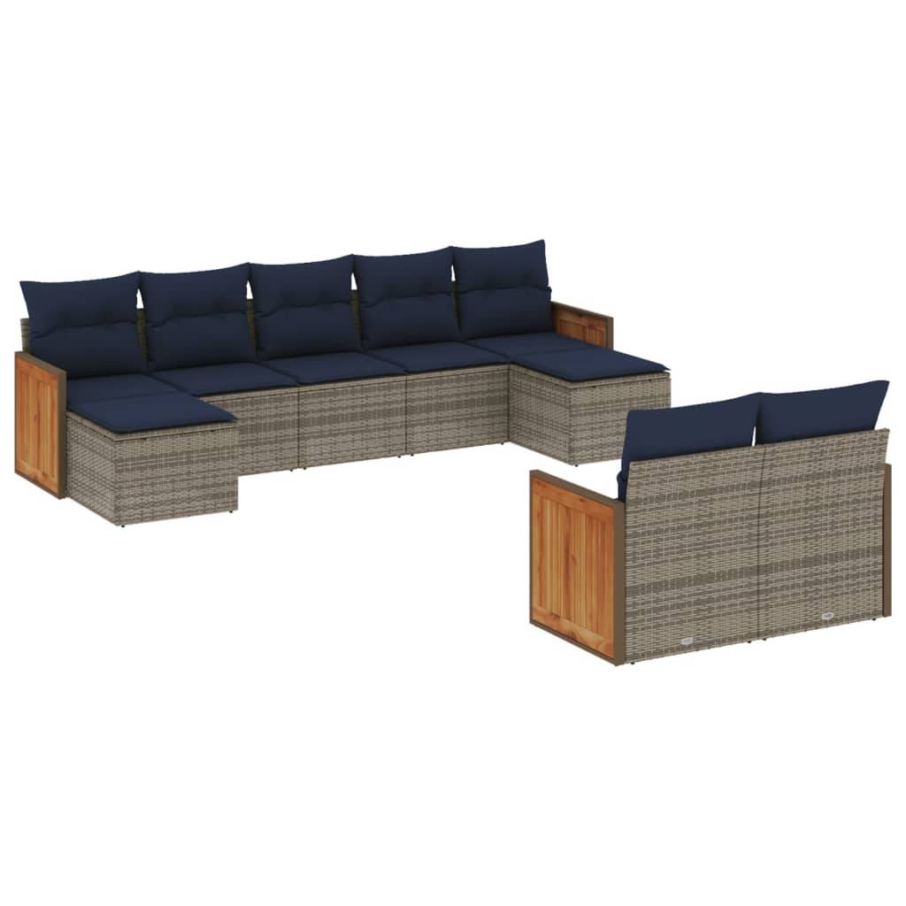 vidaXL 9-teiliges Gartensofa-Set mit Kissen, grau, Polyrattan