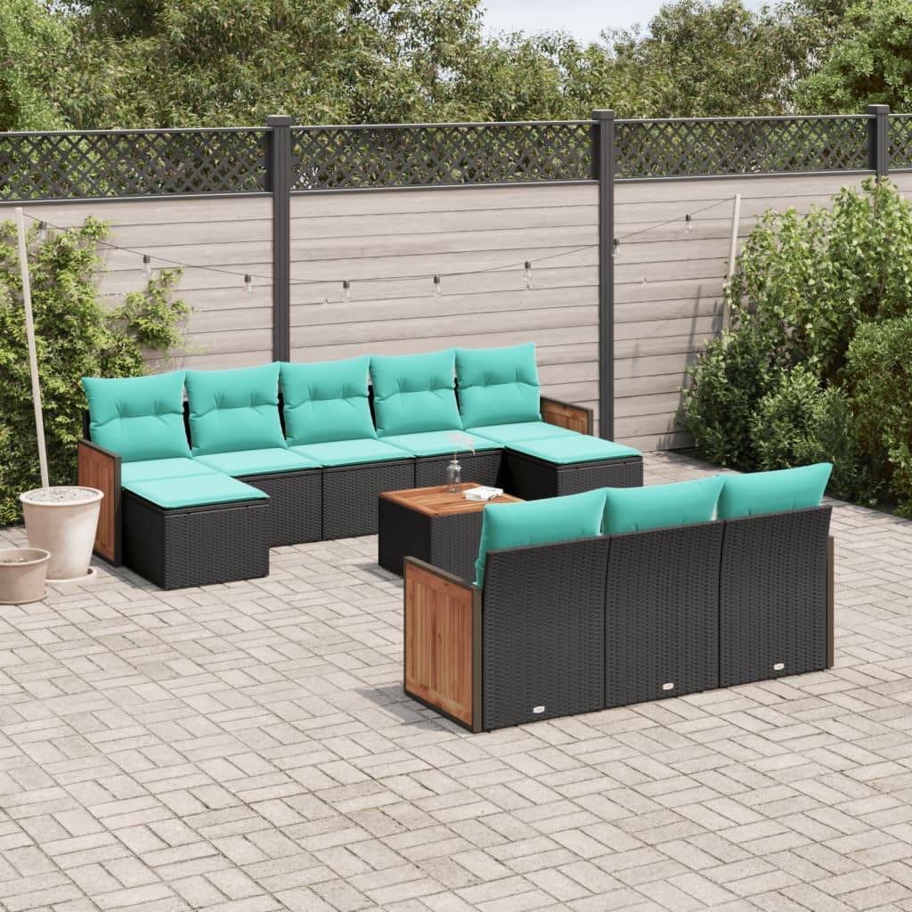 vidaXL 11-teiliges Gartensofa-Set mit Kissen, schwarzes Polyrattan