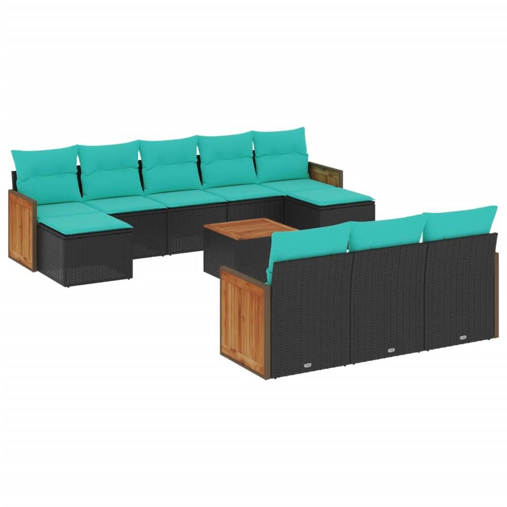 vidaXL 11-teiliges Gartensofa-Set mit Kissen, schwarzes Polyrattan