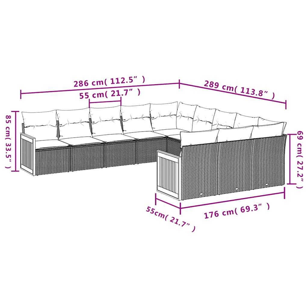 vidaXL 11-teiliges Gartensofa-Set mit Kissen, schwarzes Polyrattan