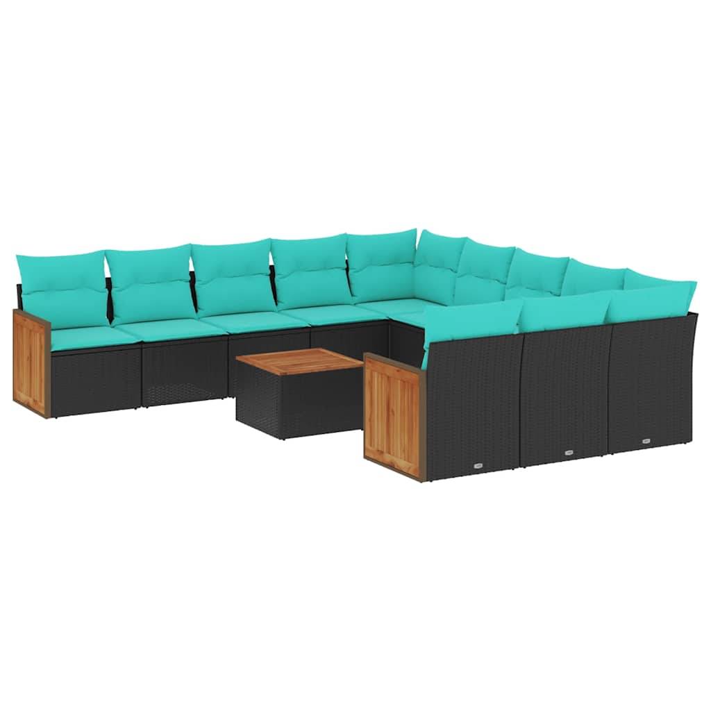vidaXL 12-teiliges Gartensofa-Set mit Kissen, schwarzes Polyrattan