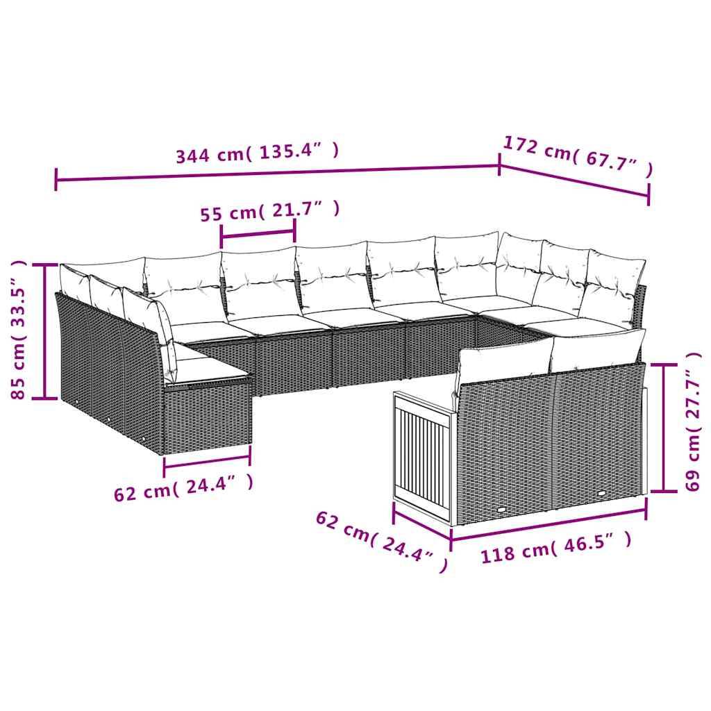 vidaXL 12-teiliges Gartensofa-Set mit Kissen, schwarzes Polyrattan