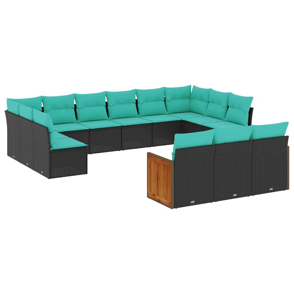 vidaXL 13-teiliges Gartensofa-Set mit Kissen, schwarzes Polyrattan