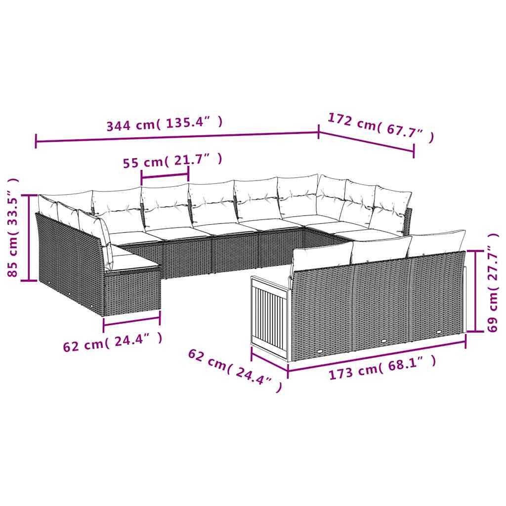 vidaXL 13-teiliges Gartensofa-Set mit Kissen, schwarzes Polyrattan