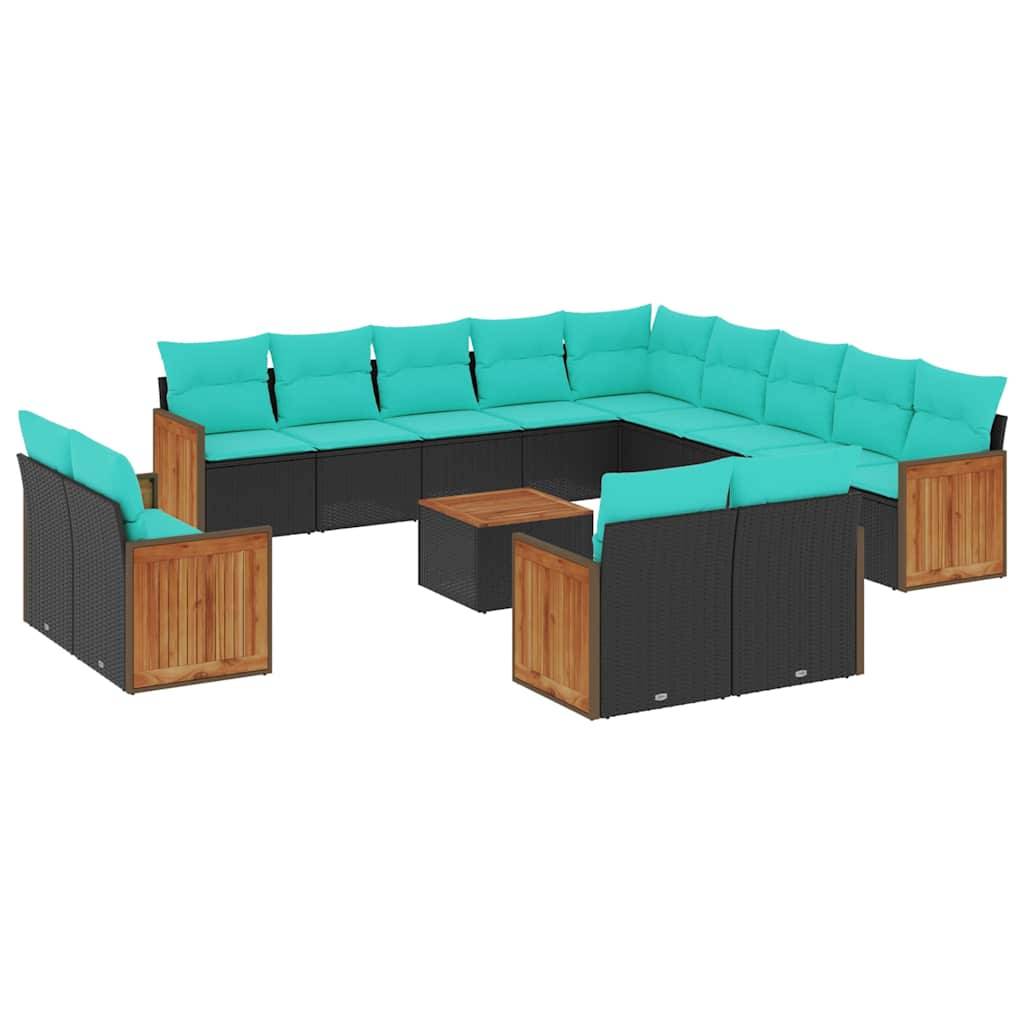 vidaXL 14-teiliges Gartensofa-Set mit Kissen, schwarzes Polyrattan