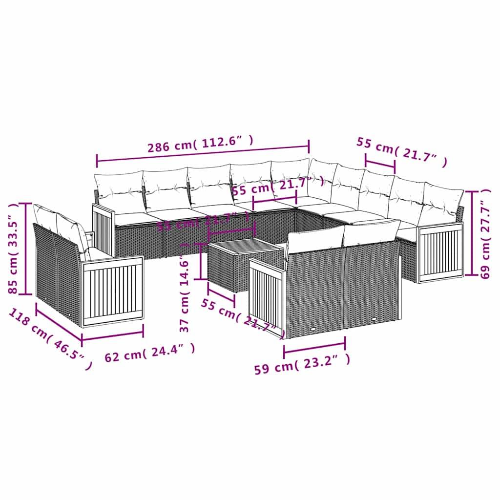 vidaXL 14-teiliges Gartensofa-Set mit Kissen, schwarzes Polyrattan