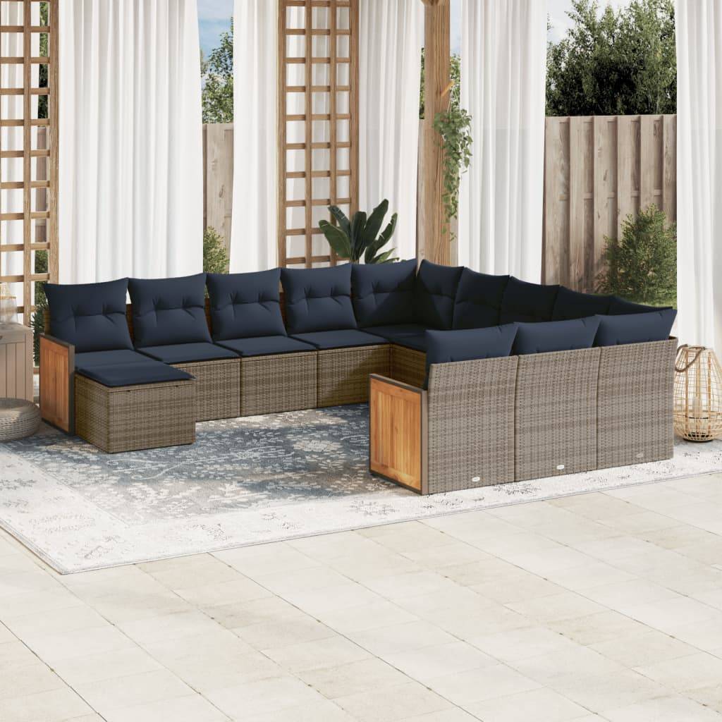 vidaXL 12-teiliges Gartensofa-Set mit Kissen, grau, Polyrattan