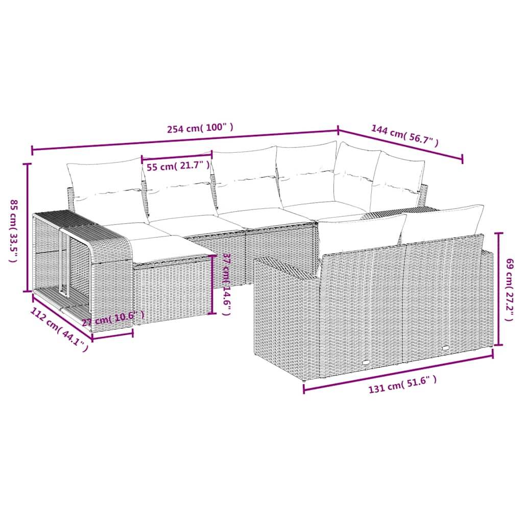vidaXL 10-teiliges Gartensofa-Set mit Kissen, grau, Polyrattan