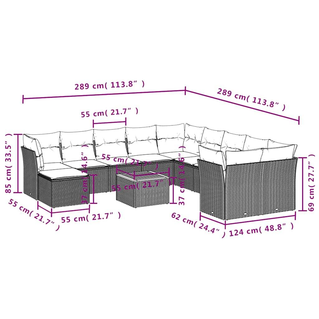 vidaXL 12-teiliges Gartensofa-Set mit Kissen, grau, Polyrattan