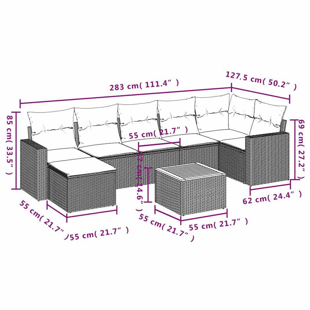 vidaXL 8-teiliges Gartensofa-Set mit Kissen, grau, Polyrattan