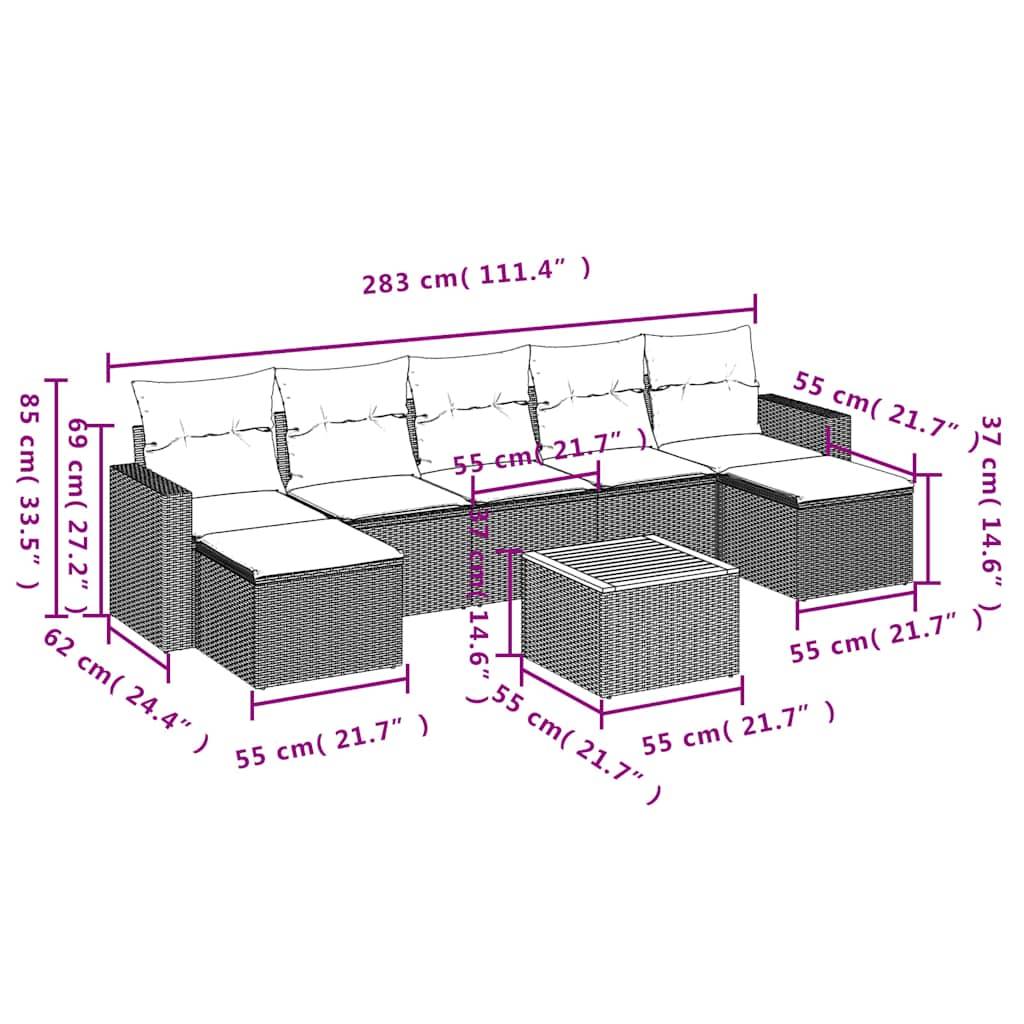 vidaXL 8-teiliges Gartensofa-Set mit Kissen, grau, Polyrattan