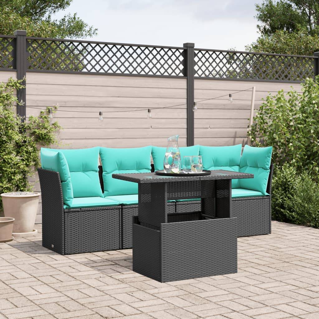 vidaXL 5-teiliges Gartensofa-Set mit Kissen, schwarzes Polyrattan