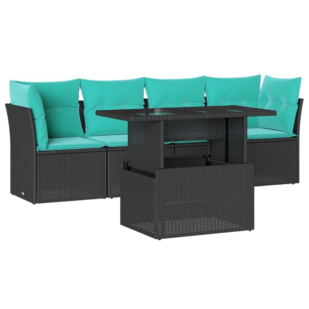 vidaXL 5-teiliges Gartensofa-Set mit Kissen, schwarzes Polyrattan
