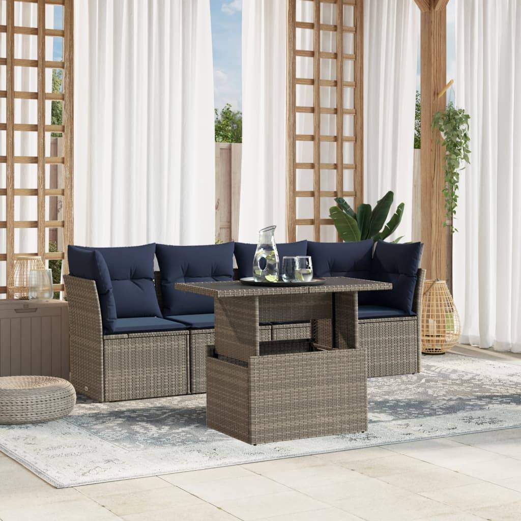 vidaXL 5-teiliges Gartensofa-Set mit Kissen, grau, Polyrattan