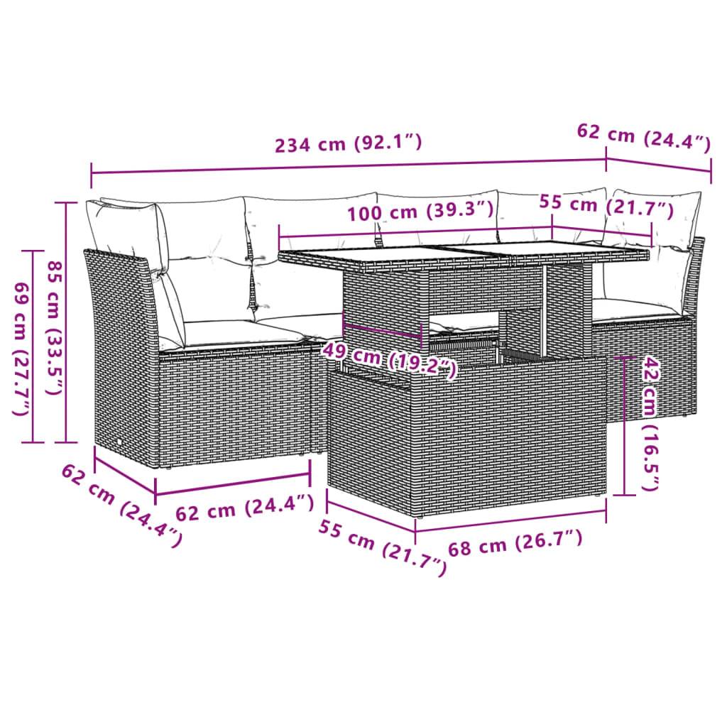 vidaXL 5-teiliges Gartensofa-Set mit Kissen, schwarzes Polyrattan