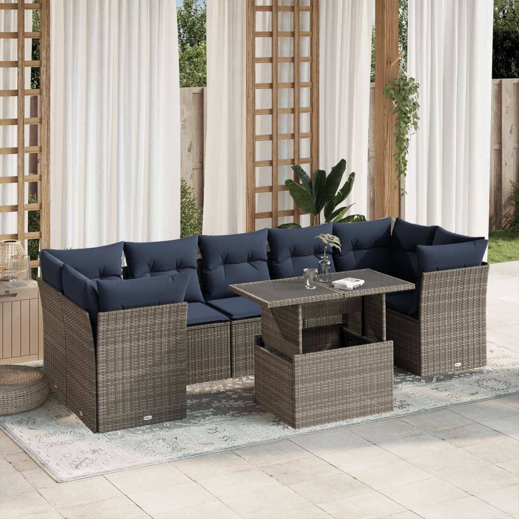 vidaXL 8-teiliges Gartensofa-Set mit Kissen, grau, Polyrattan