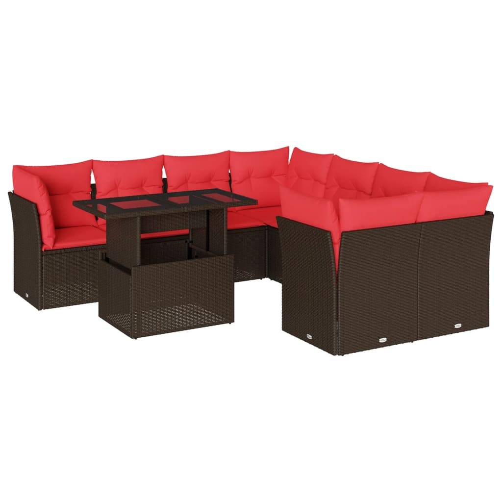 vidaXL 9-teiliges Gartensofa-Set mit Kissen, braun, Polyrattan