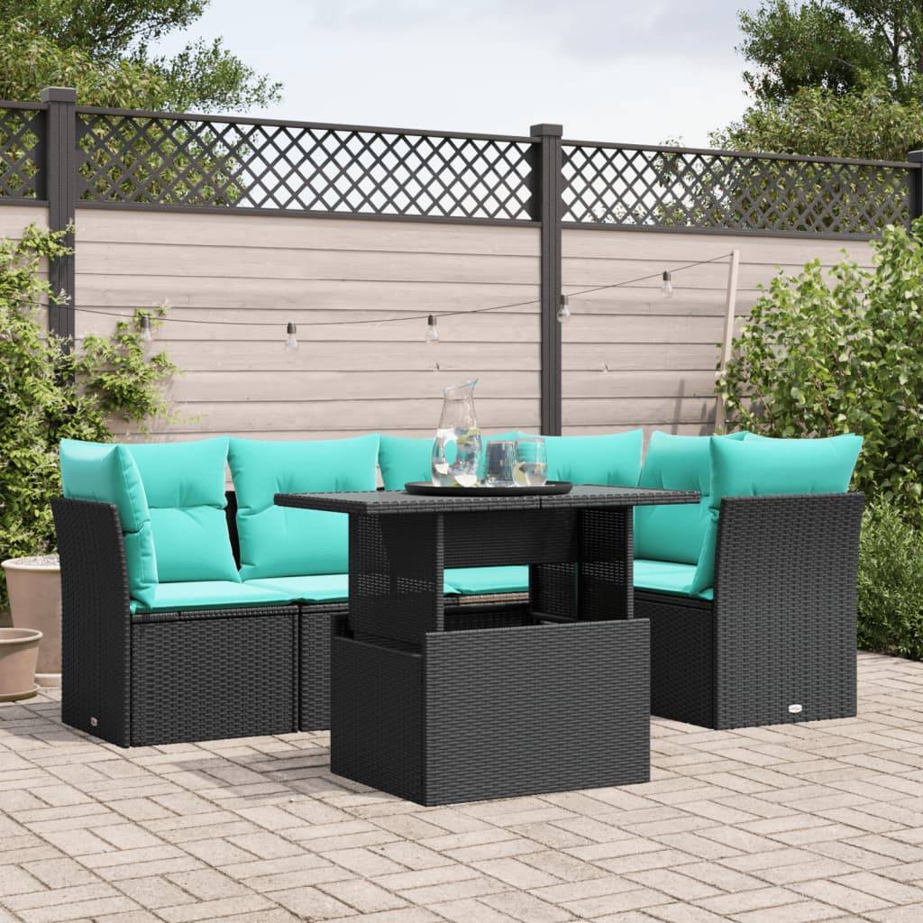 vidaXL 6-teiliges Gartensofa-Set mit Kissen, schwarzes Polyrattan