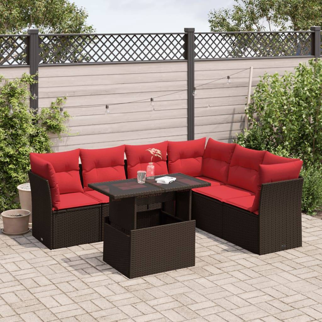 vidaXL 7-teiliges Gartensofa-Set mit Kissen, braun, Polyrattan