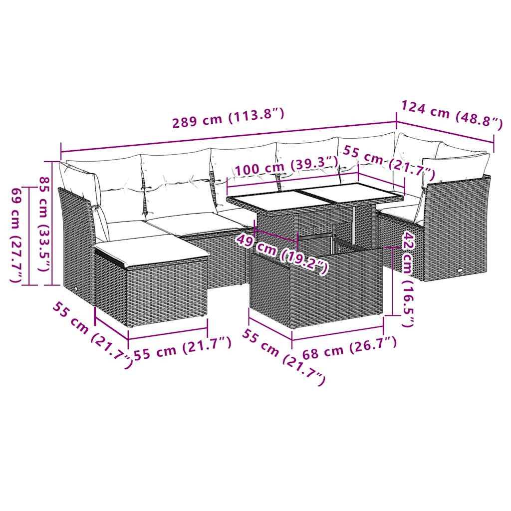 vidaXL 8-teiliges Gartensofa-Set mit Kissen, grau, Polyrattan
