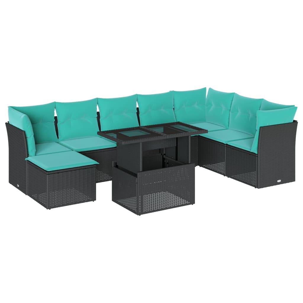 vidaXL 9-teiliges Gartensofa-Set mit Kissen, schwarzes Polyrattan