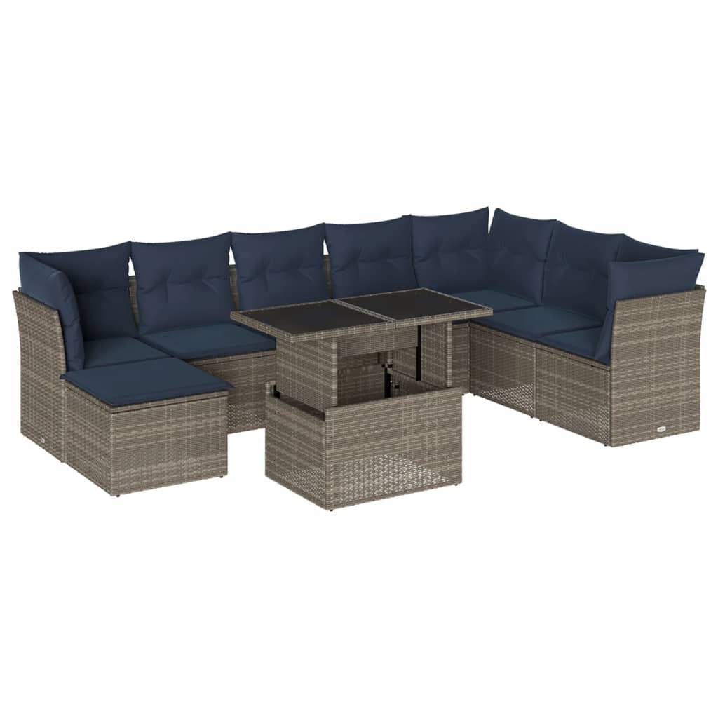 vidaXL 9-teiliges Gartensofa-Set mit Kissen, grau, Polyrattan