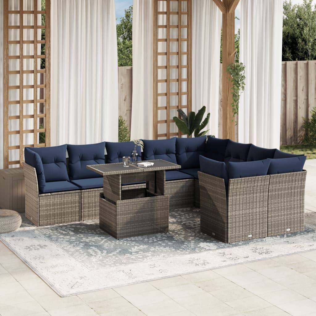vidaXL 10-teiliges Gartensofa-Set mit Kissen, grau, Polyrattan