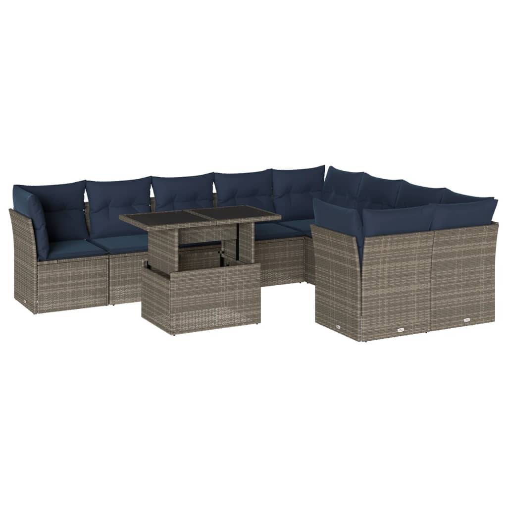 vidaXL 10-teiliges Gartensofa-Set mit Kissen, grau, Polyrattan