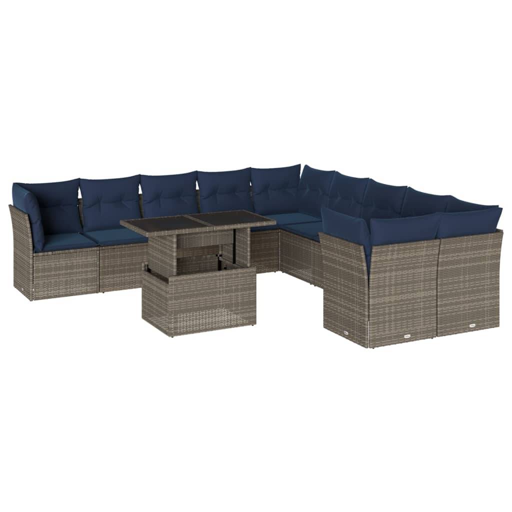 vidaXL 11-teiliges Gartensofa-Set mit Kissen, grau, Polyrattan