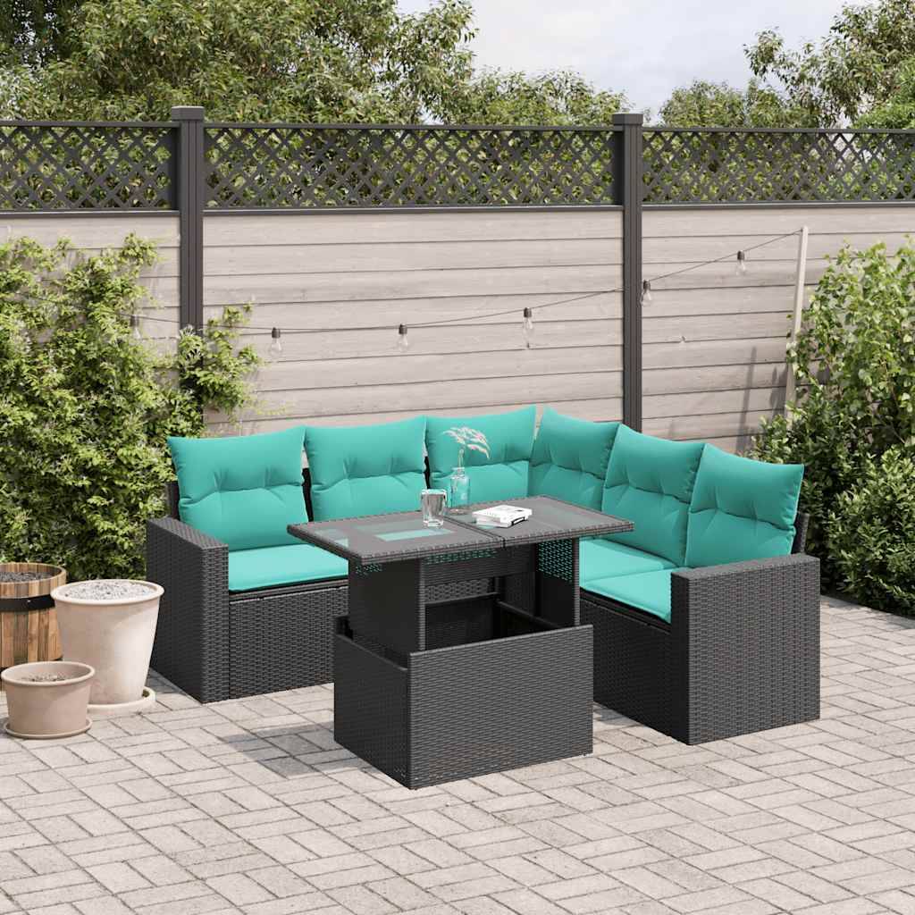 vidaXL 6-teiliges Gartensofa-Set mit Kissen, schwarzes Polyrattan