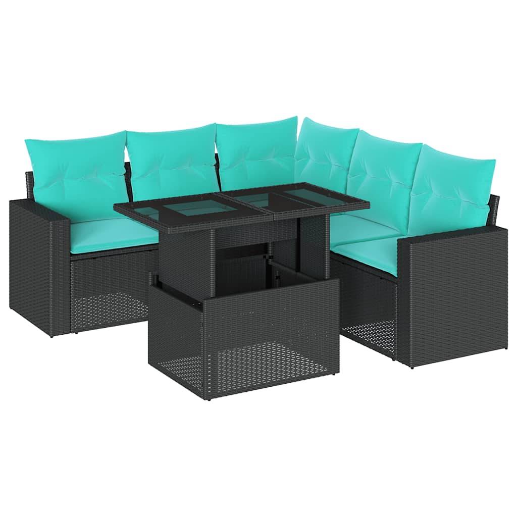 vidaXL 6-teiliges Gartensofa-Set mit Kissen, schwarzes Polyrattan