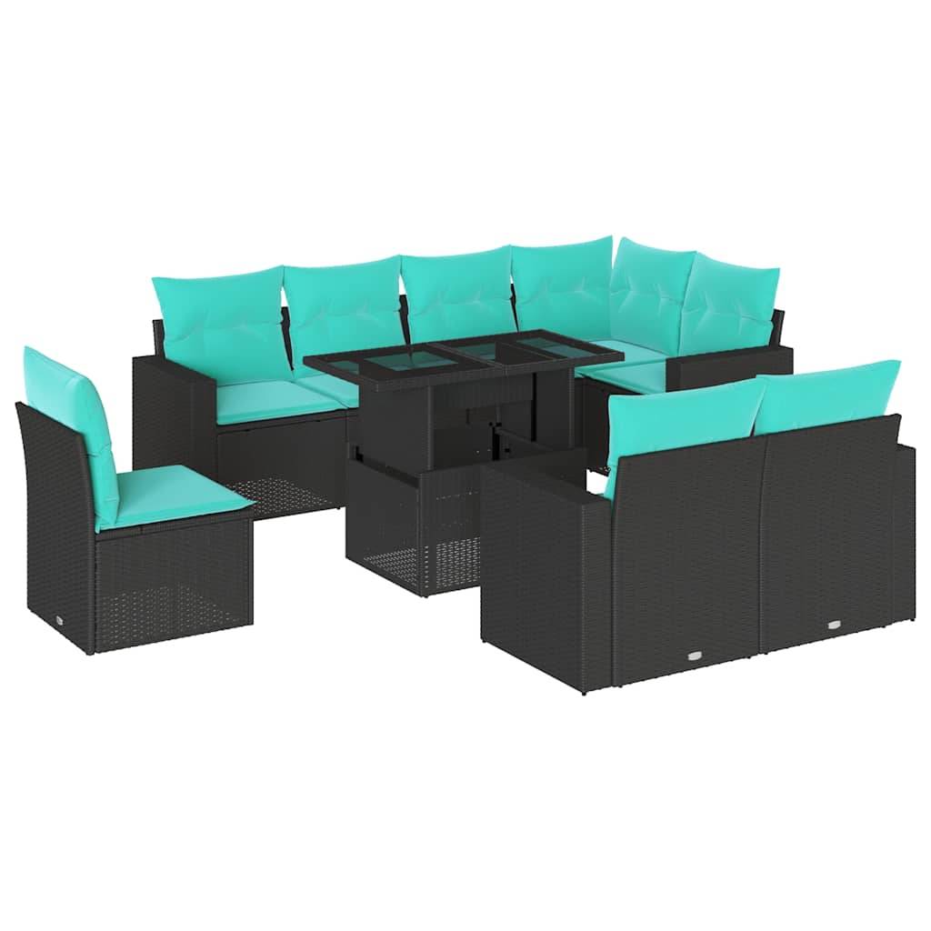 vidaXL 9-teiliges Gartensofa-Set mit Kissen, schwarzes Polyrattan