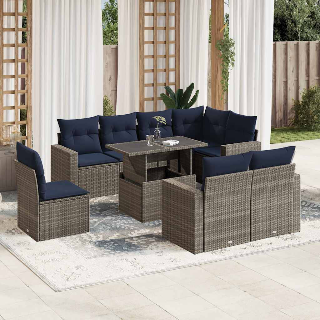 vidaXL 9-teiliges Gartensofa-Set mit Kissen, grau, Polyrattan