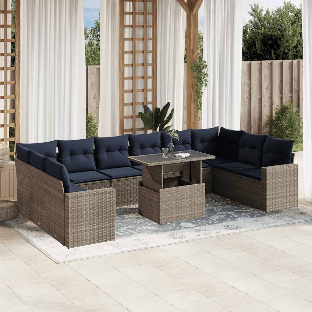 vidaXL 11-teiliges Gartensofa-Set mit Kissen, grau, Polyrattan