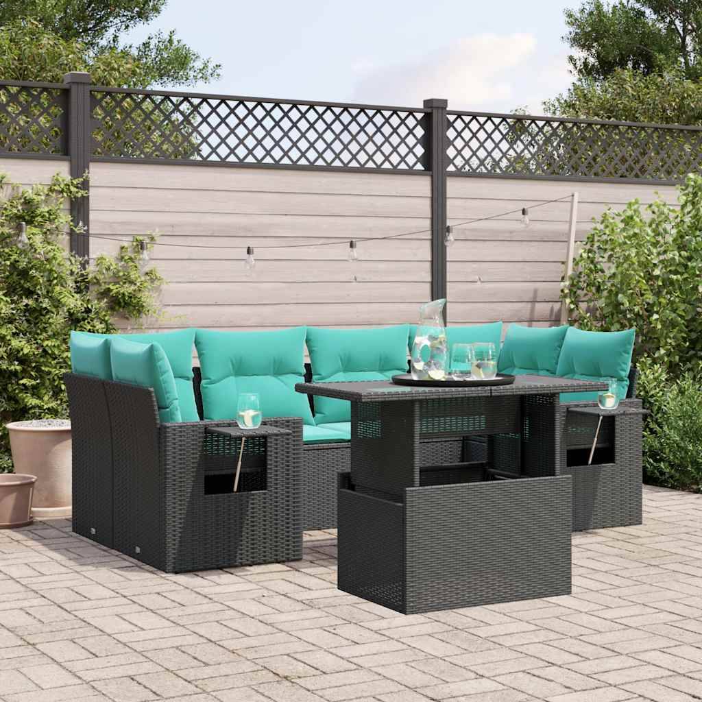 vidaXL 7-teiliges Gartensofa-Set mit Kissen, schwarzes Polyrattan