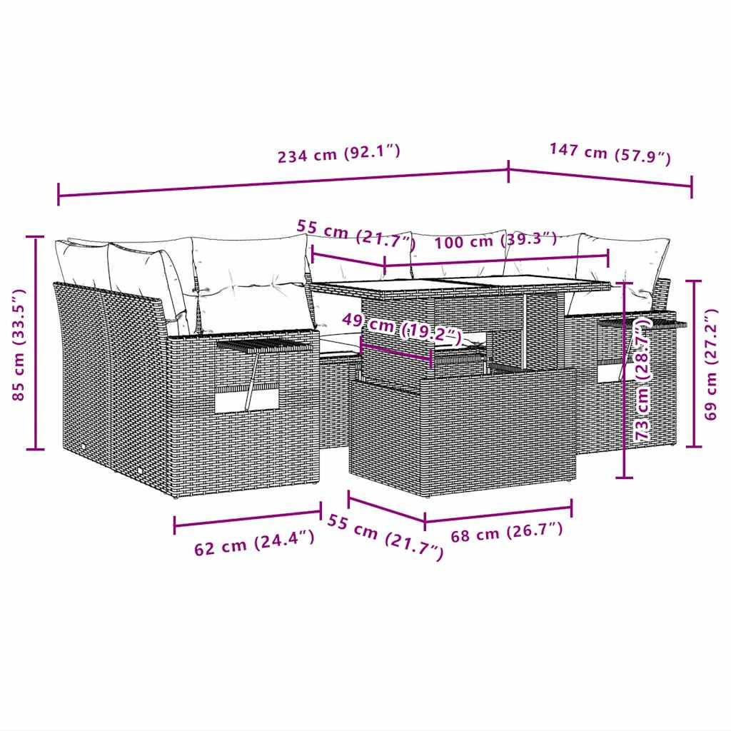 vidaXL 7-teiliges Gartensofa-Set mit Kissen, schwarzes Polyrattan