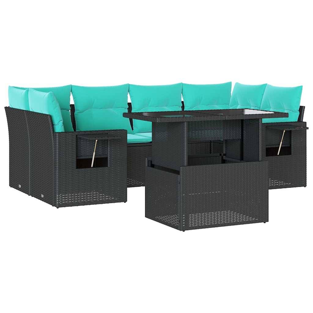 vidaXL 7-teiliges Gartensofa-Set mit Kissen, schwarzes Polyrattan