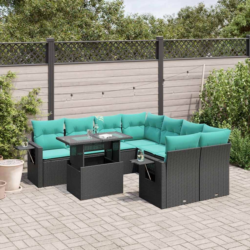 vidaXL 9-teiliges Gartensofa-Set mit Kissen, schwarzes Polyrattan