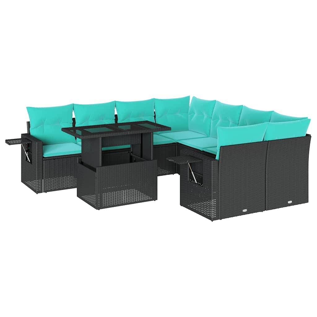 vidaXL 9-teiliges Gartensofa-Set mit Kissen, schwarzes Polyrattan