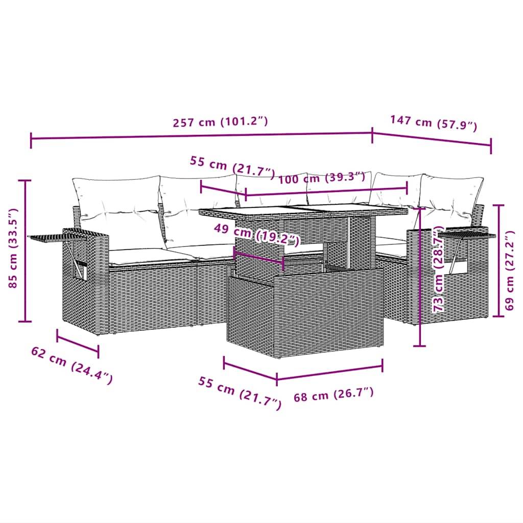 vidaXL 6-teiliges Gartensofa-Set mit Kissen, schwarzes Polyrattan