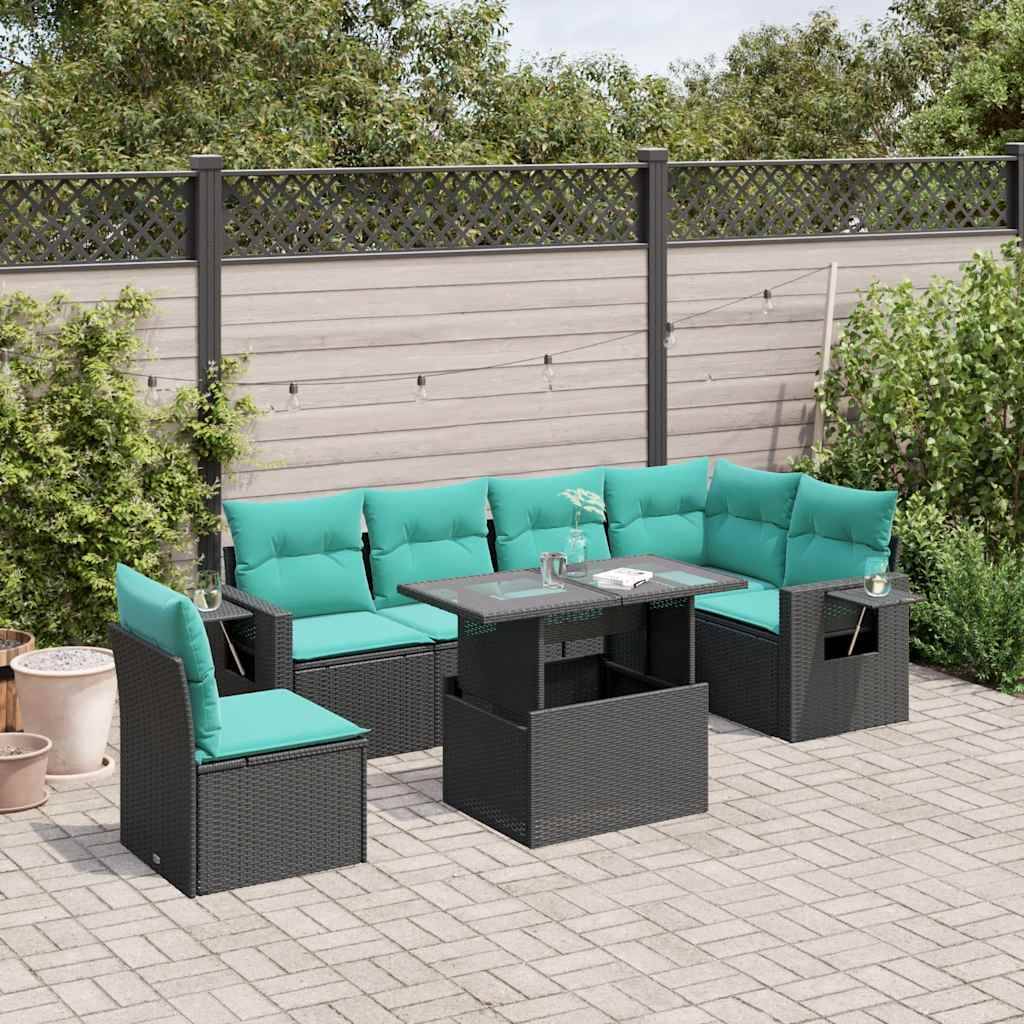 vidaXL 7-teiliges Gartensofa-Set mit Kissen, schwarzes Polyrattan