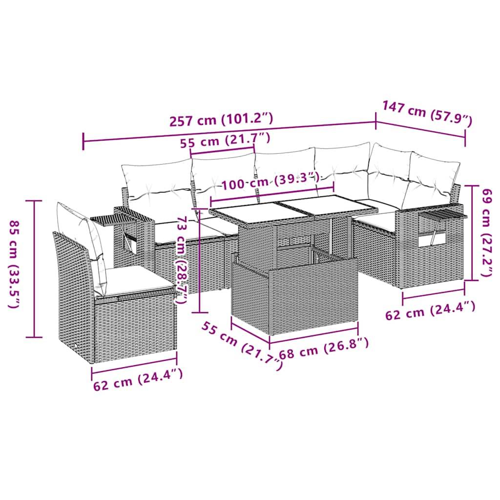 vidaXL 7-teiliges Gartensofa-Set mit Kissen, schwarzes Polyrattan