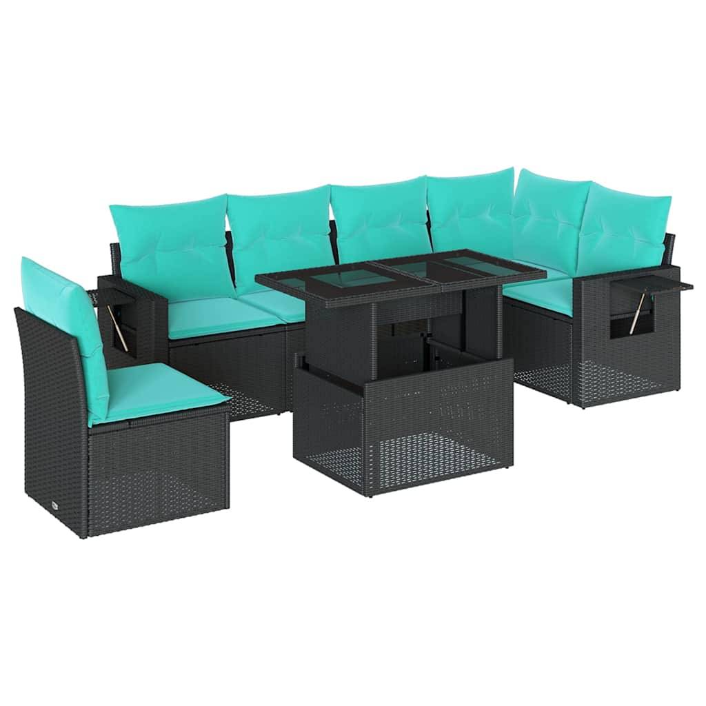 vidaXL 7-teiliges Gartensofa-Set mit Kissen, schwarzes Polyrattan