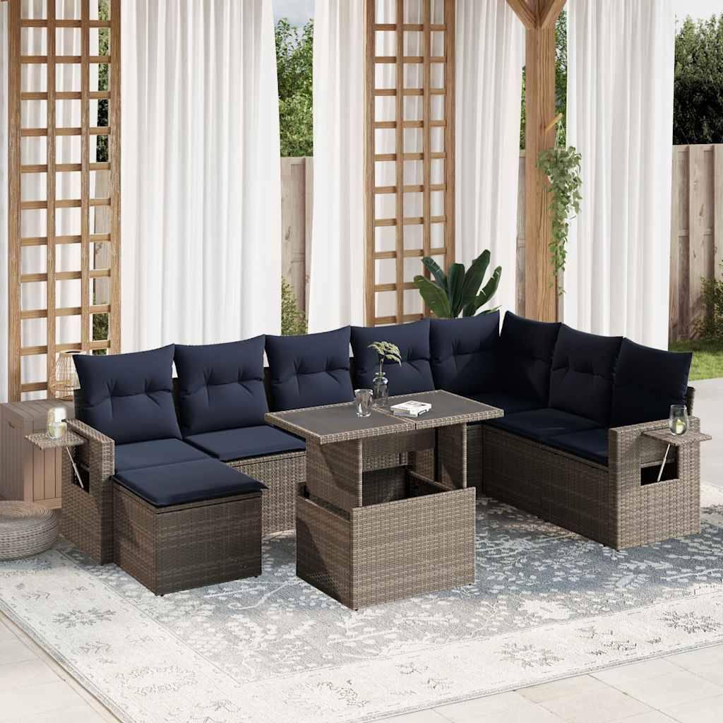 vidaXL 9-teiliges Gartensofa-Set mit Kissen, grau, Polyrattan