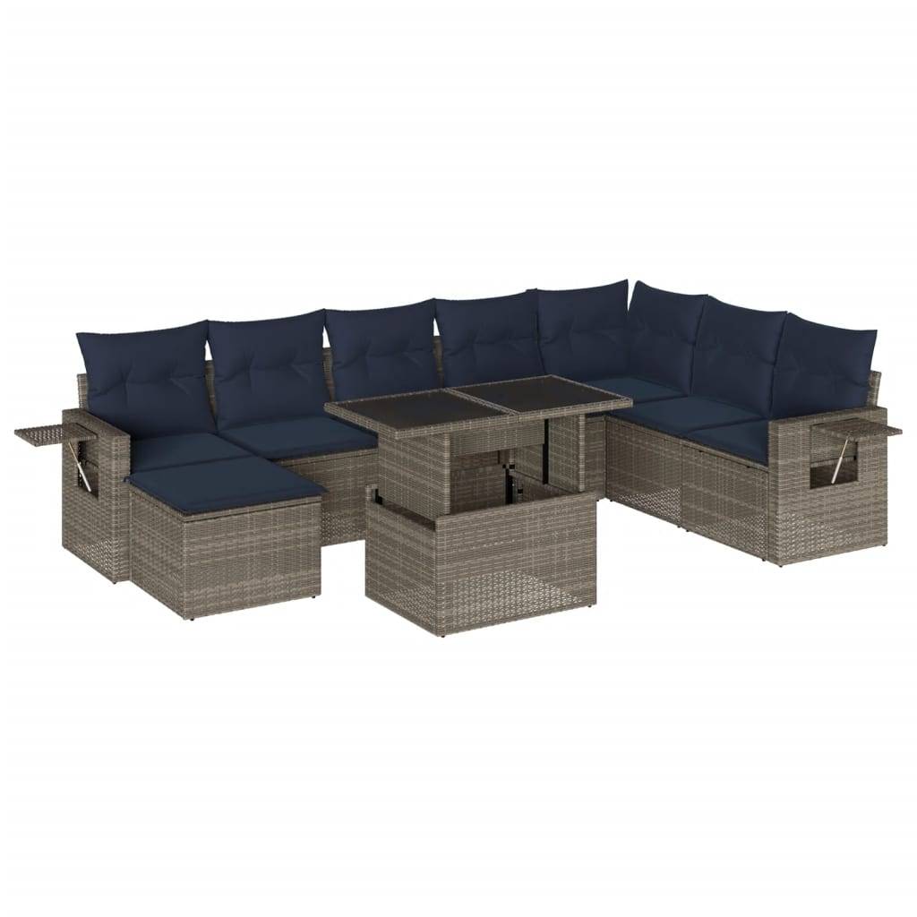 vidaXL 9-teiliges Gartensofa-Set mit Kissen, grau, Polyrattan