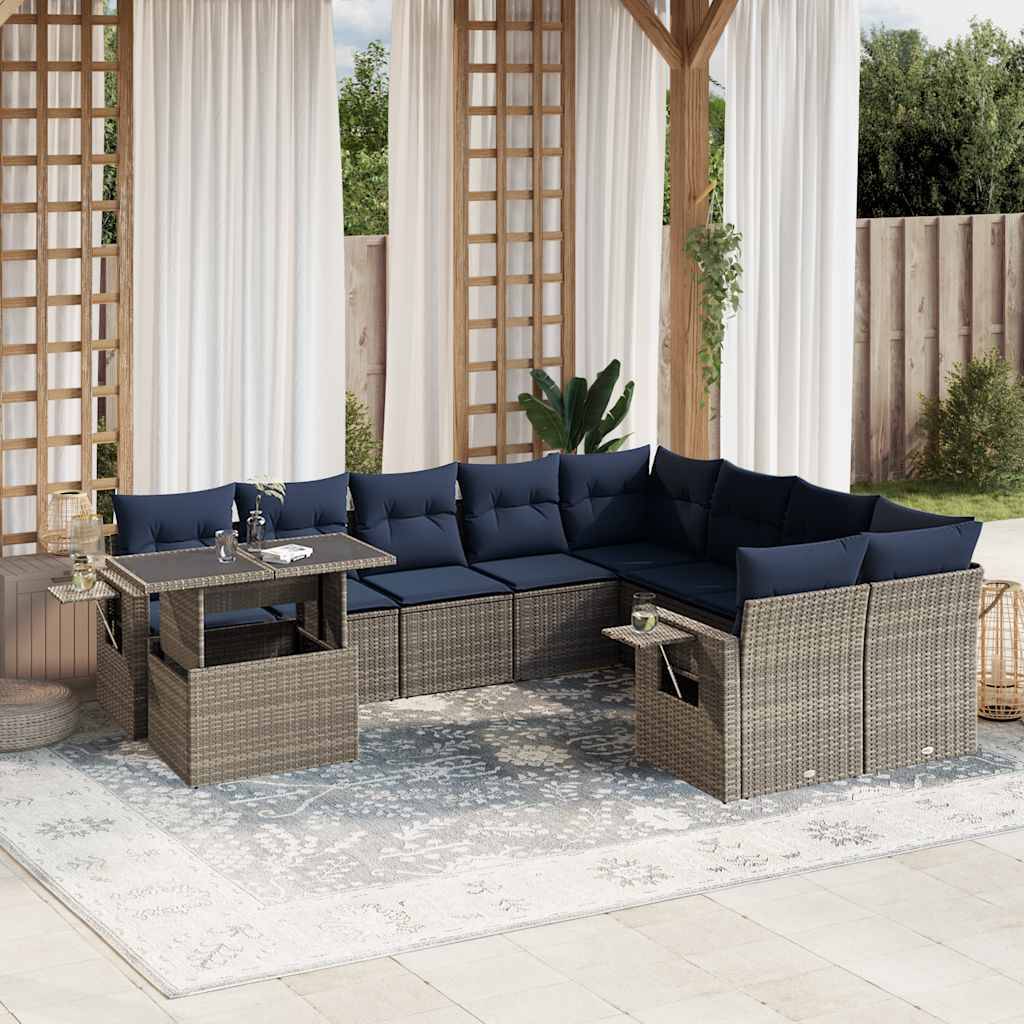 vidaXL 10-teiliges Gartensofa-Set mit Kissen, grau, Polyrattan