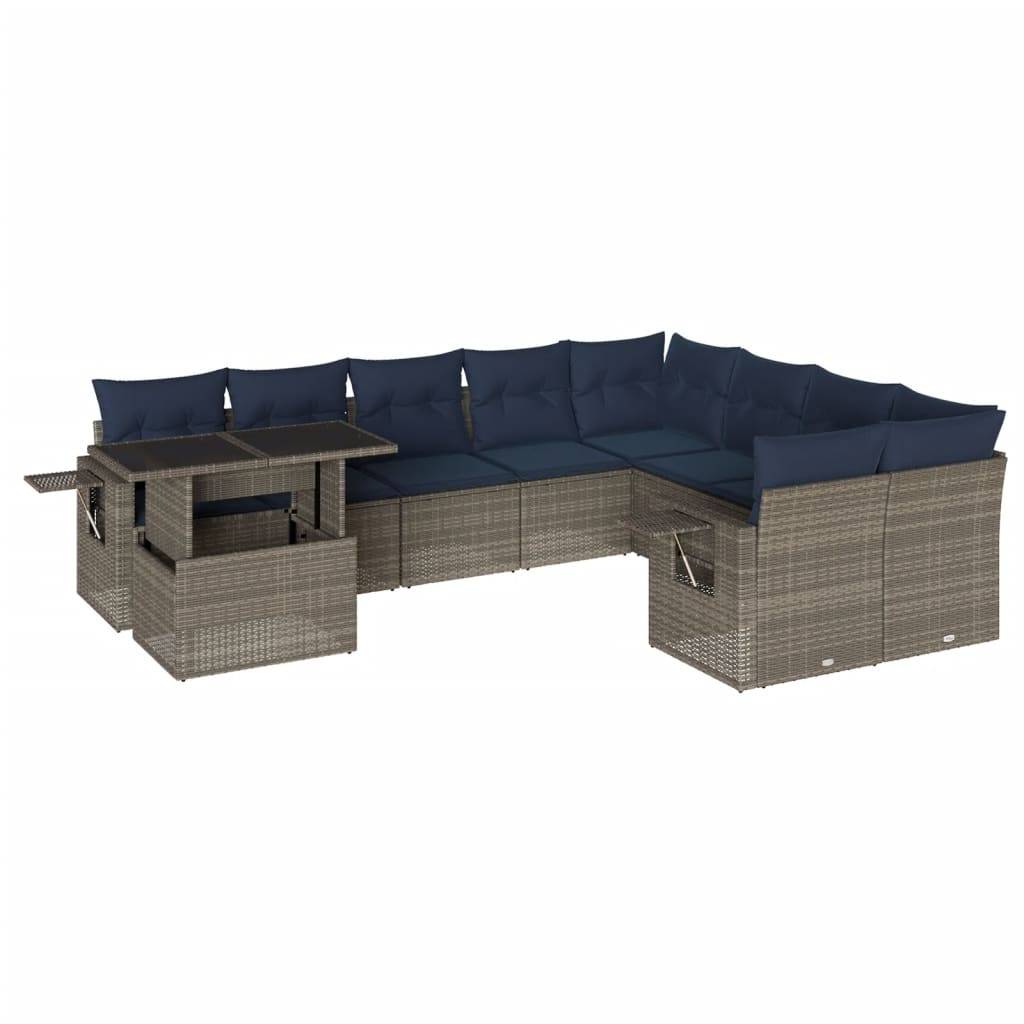 vidaXL 10-teiliges Gartensofa-Set mit Kissen, grau, Polyrattan