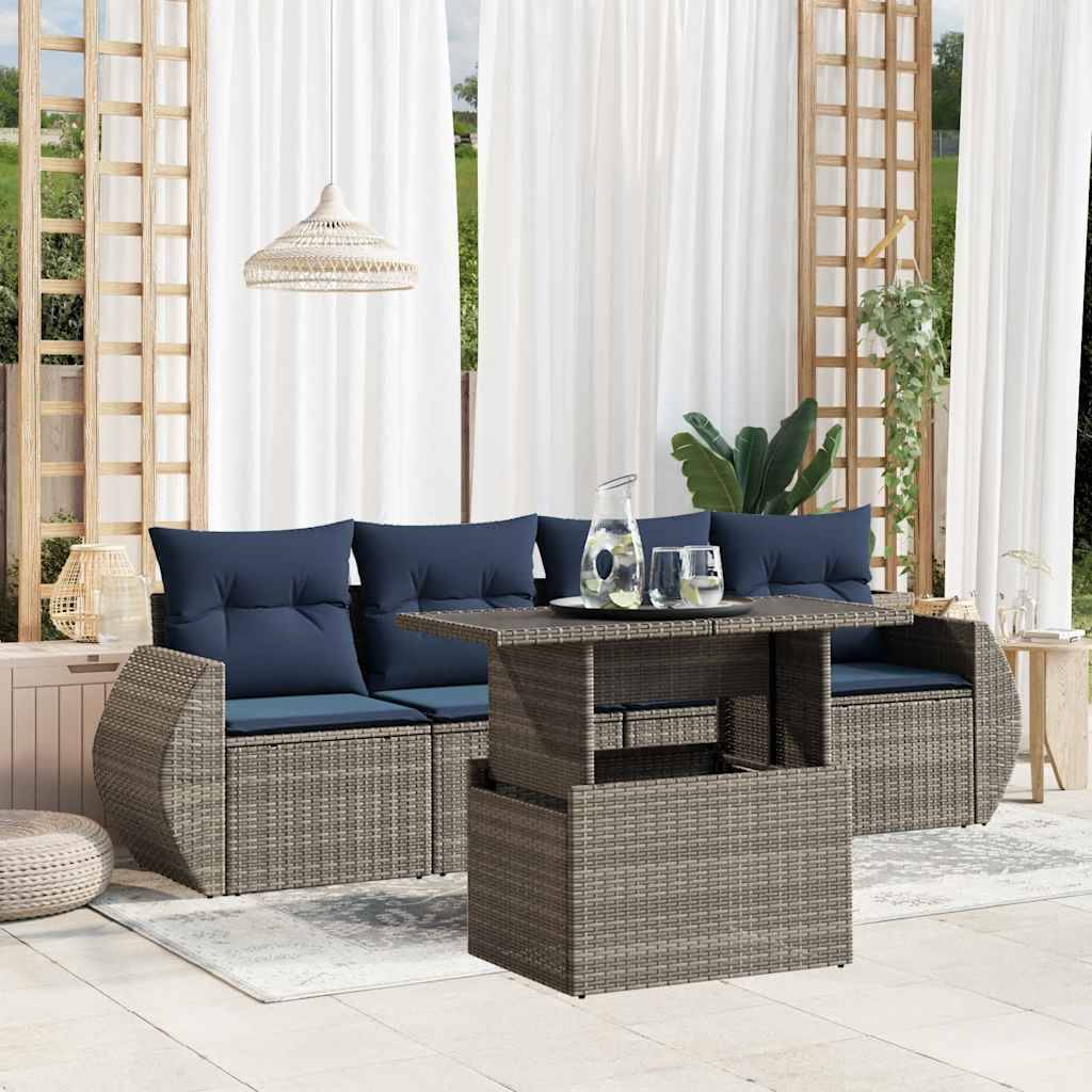 vidaXL 5-teiliges Gartensofa-Set mit Kissen, grau, Polyrattan