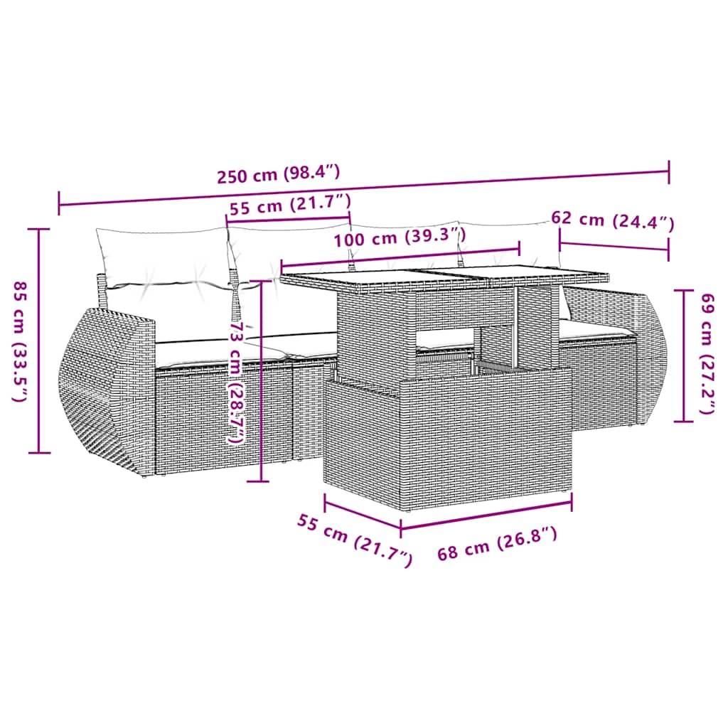 vidaXL 5-teiliges Gartensofa-Set mit Kissen, grau, Polyrattan