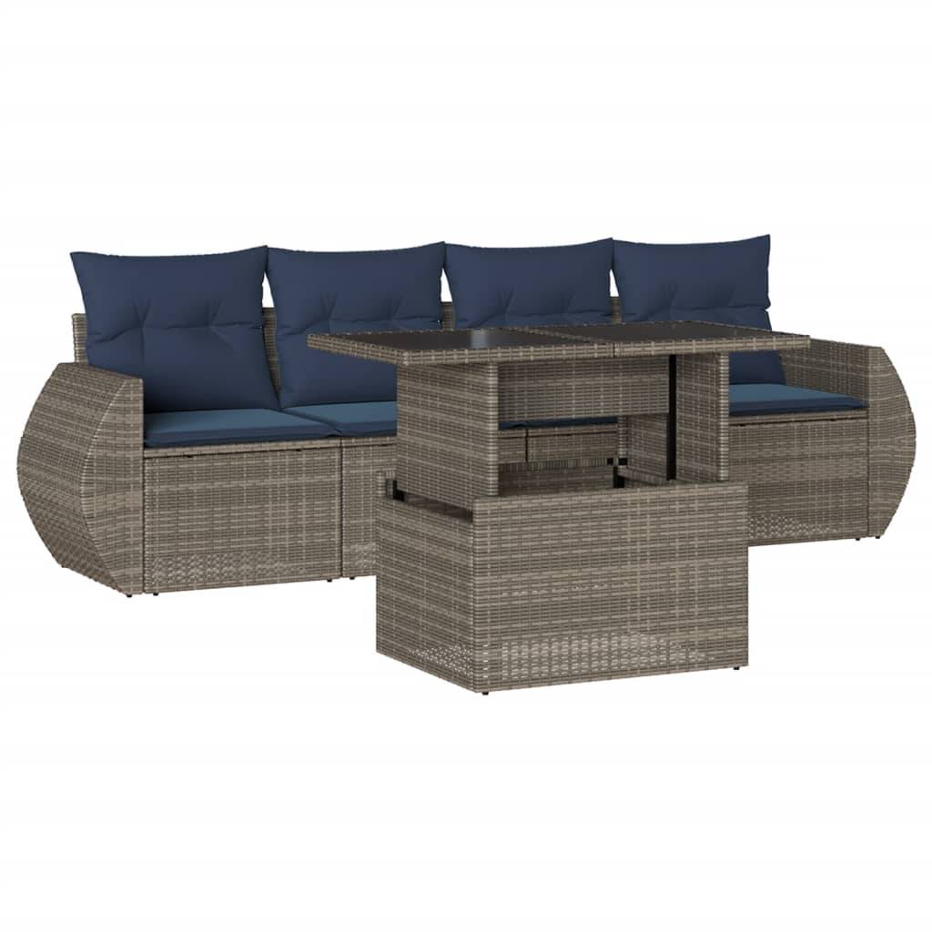 vidaXL 5-teiliges Gartensofa-Set mit Kissen, grau, Polyrattan